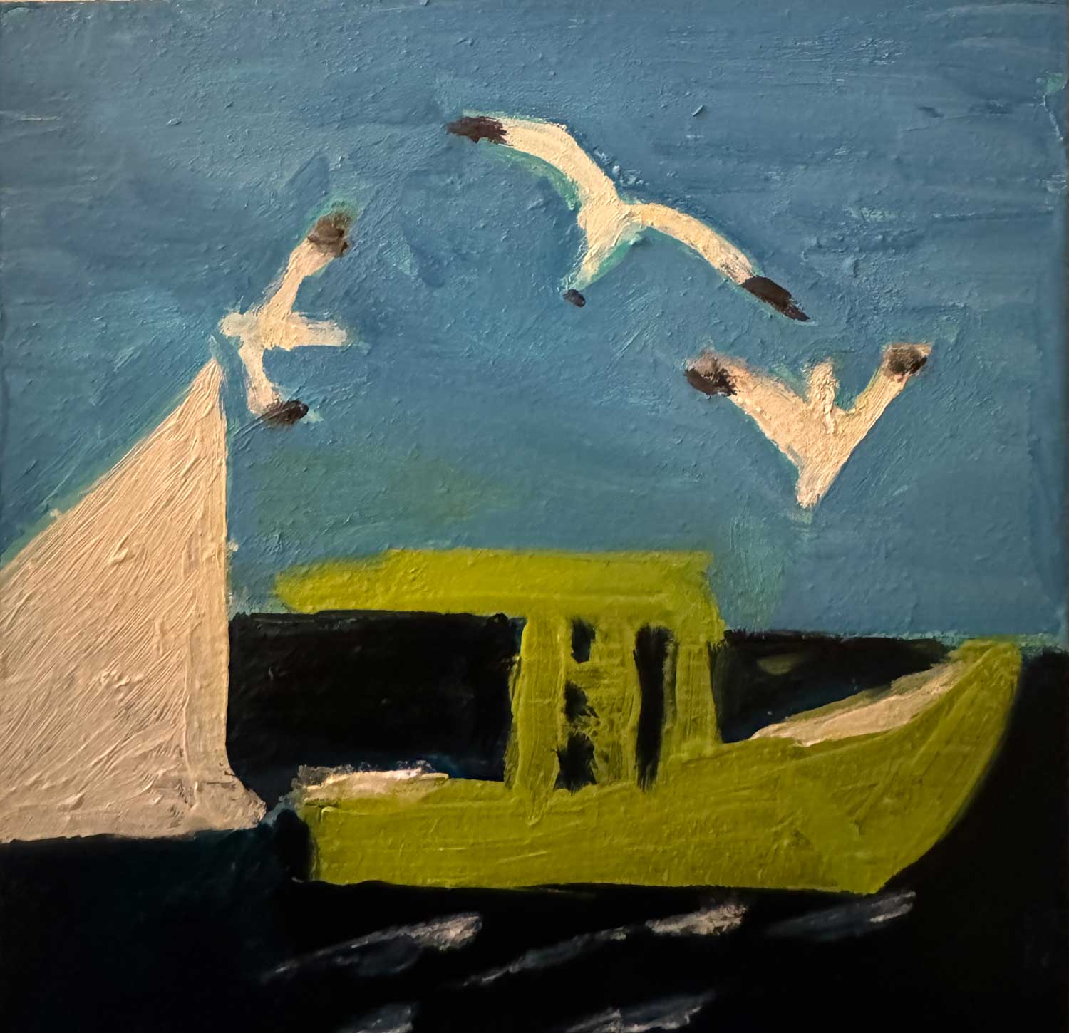 "Green Lobster Boat Under Sail," by Jill Finsen, oil on birch, 6 x 6 inches