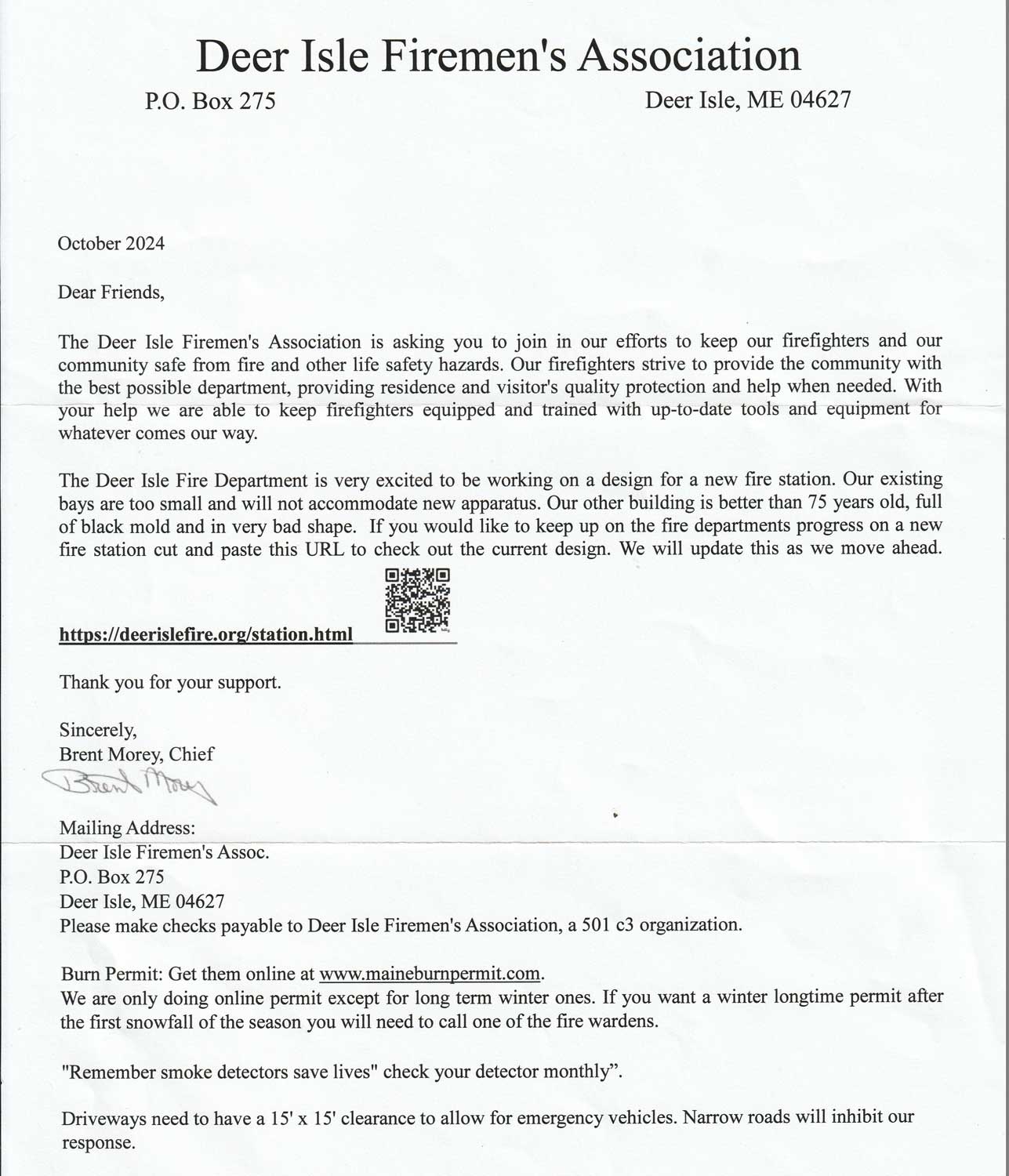 Deer Isle Firemen's Association Letter Asks for Support